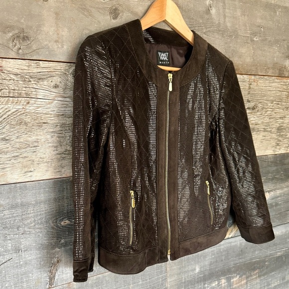 W by Worth Genuine Suede Cropped Embossed Metallic Jacket 3/4 Sleeve Zip Up XS - Picture 5 of 10